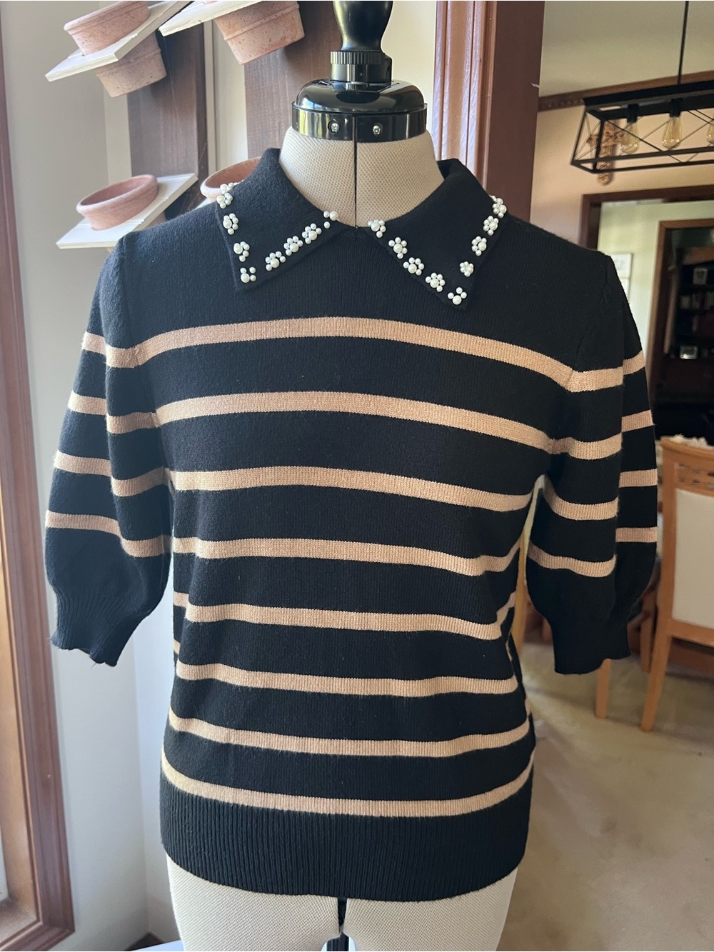 Laundry By Shelli Segal Black Sweater with Tan Stripes and Beaded Collar